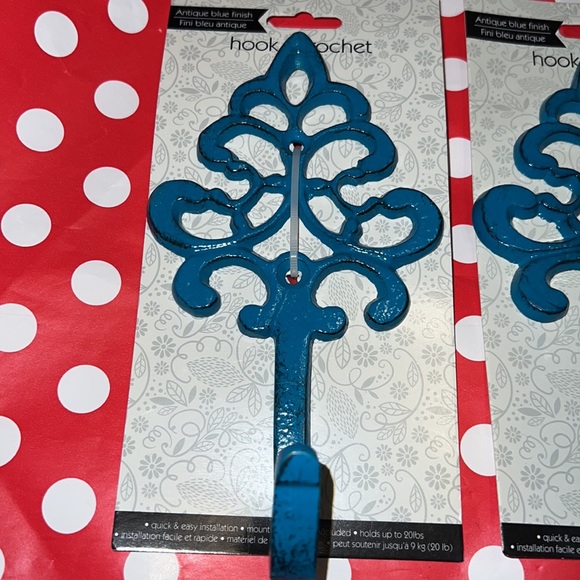 New Set of 3 Antique Teal Blue Decorative Metal Wall Hooks - Picture 3 of 4